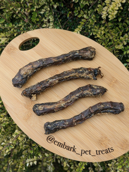 Four dog treats on a wooden board with 'embark pet treats' branding against a green foliage background.