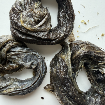 Three rings of dried halibut arranged on a plain white surface.
