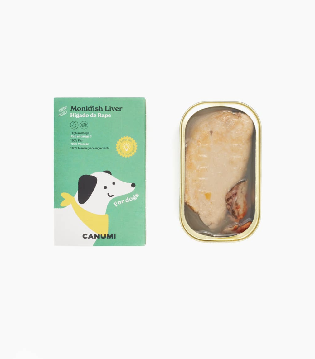 Image shows Canumi packaging and an open tin of monkfish liver laying side by side, photographed on a white background. 