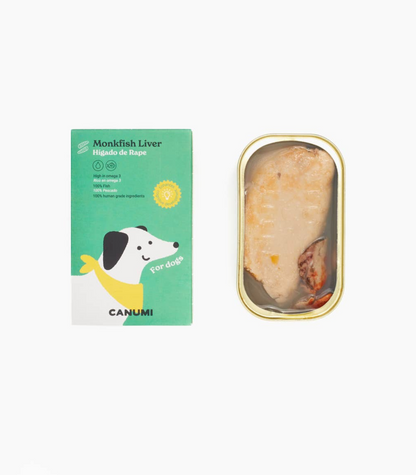 Image shows Canumi packaging and an open tin of monkfish liver laying side by side, photographed on a white background. 