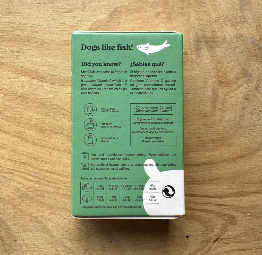 Image shows the back of Canumi Monkfish Liver packaging on a neutral wooden background.
