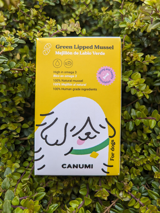 Packaging of Canumi Green Lipped Mussels supplement, displaying the product name and an illustration of a mussel.