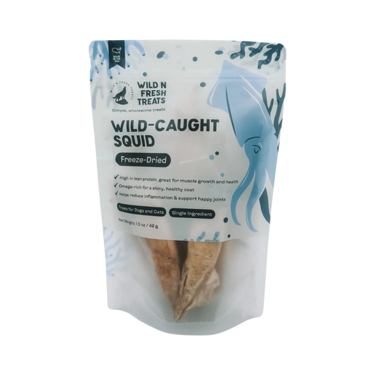 A stand-up pouch of Wild N Fresh Treats Wild-Caught Squid Freeze-Dried dog treats, featuring a white and light blue design with a squid illustration and visible treats inside.